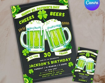 St. Patrick's Day Birthday Invitation, Cheers & Beers Party (Digital Template)