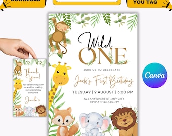 サファリ1歳の誕生日招待、ワイルドワンバースデー、1歳の誕生日デジタル招待、ジャングル1歳の誕生日招待、ジャングルアニマルパーティー