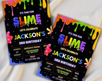 Può includere: Un invito colorato per una festa di compleanno di 3 anni a tema slime. L'invito presenta uno sfondo nero con slime che cola in vari colori, tra cui verde, giallo, arancione, rosa e viola. Il testo "È ora di Slime" e "Celebriamo il 3° compleanno di Jackson" è scritto in un carattere audace e colorato. L'invito include dettagli come la data, l'ora e il luogo della festa.