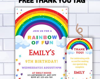 Editable Rainbow Birthday Invitation, Girls Party (Instant Download)