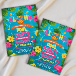 Puede incluir: Dos invitaciones a una fiesta en la piscina con temática tropical. Las invitaciones presentan una piña con gafas de sol, la palabra "Aloha" y el texto "Pool Party" con el nombre "William" y los detalles de su 8º cumpleaños. El fondo es un diseño de agua azul con flores.