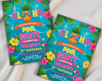 May include: Two pool party invitations with a tropical theme. The invitations feature a pineapple wearing sunglasses, the word "Aloha", and the text "Pool Party" with the name "William" and his 8th birthday details. The background is a blue water design with flowers.