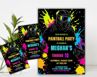May include: A black and neon-colored invitation for a paintball party to celebrate a 10th birthday. The invitation features a silhouette of a person wearing a paintball mask and holding a paintball gun. The text on the invitation reads "Your Invited to Paintball Party to Celebrate Meghan's Turning 10. Saturday, August 16th at 9:00 PM. At Meghan House 17 Party Street, Honey Bee. RSVP at: 123-456-789."