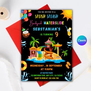 Waterslide Birthday Invitation, Splash Party Invite, Summer Pool Party, Splash Birthday Evite, Water Slide Bash, Editable Canva
