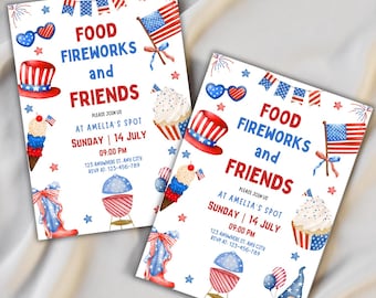 Invitation barbecue modifiable entre amis du 4 juillet, invitation barbecue pour le jour de l'indépendance, invitation du 4 juillet, invitation à une fête aux États-Unis, modèle modifiable
