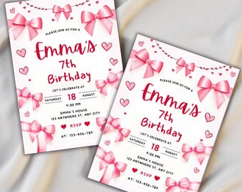 ピンクのリボンの誕生日招待状、女の子向けコケットパーティー（すぐにダウンロード）