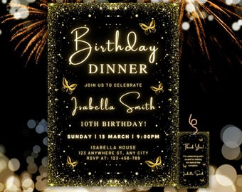 Gold Birthday Dinner Invitation, Elegant Party Evite (Digital Download)