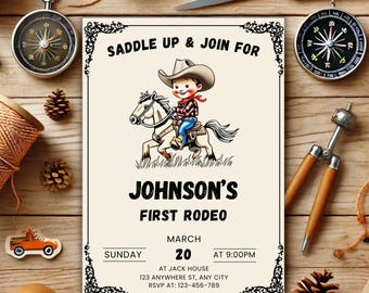 Einladungsvorlage für das erste Rodeo, Cowboy-Geburtstagseinladung, Wildwest-Einladung, Einladung zum ersten Rodeo für Jungen, Western-Einladung für jedes Alter, Sofort-Download