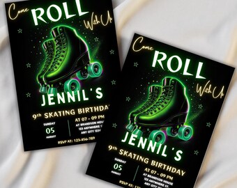 Editable Roller Skating Birthday Invitation, Skate Party Invitation, Glow Roller Skating Party, Roller Skating Evite, Instant Download