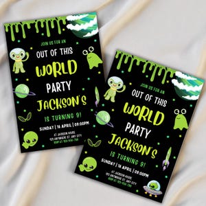 Könnte beinhalten: Schwarze und grüne Einladung mit einem grünen Außerirdischen und dem Text "Join us for an out of this world party Jackson's is turning 9! Sunday | 16 April | 09:00PM at Jackson House 123 Anywhere St, Any City RSVP at: 123-456-789"