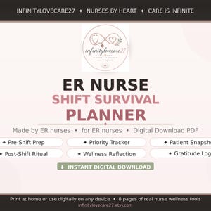 May include: A digital download planner for ER nurses. The planner includes sections for pre-shift prep, priority tracking, patient snapshots, post-shift rituals, wellness reflection, and a gratitude log. The planner is designed by ER nurses.