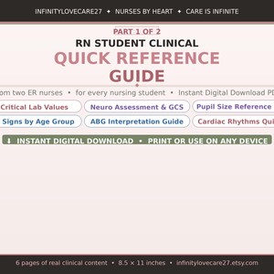 May include: A digital quick reference guide for RN students. The guide includes information on critical lab values, neuro assessment, vital signs, and more. The guide is available as an instant digital download and can be printed or used on any device. The guide is 8.5 x 11 inches.