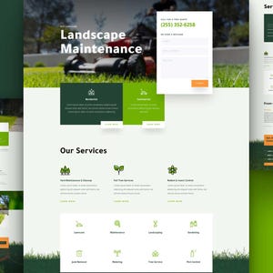 Könnte beinhalten: Homepage einer Website für ein Landschaftspflegeunternehmen. Die Website hat ein grün-weißes Farbschema mit Bildern von üppigen grünen Rasenflächen. Die Website enthält ein Kontaktformular, eine Liste der Dienstleistungen und Erfahrungsberichte zufriedener Kunden.