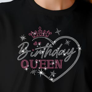 Geburtstags-Königin-Krone mit Herz Rhinestone-Shirt, Bling-Kristall-Geburtstags-T-Shirt für Frauen, glitzernde Kronen-Hemd, Geburtstags-Mädchen-Geschenk-T-Shirt