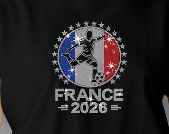 Frankrike 2026 Fotbollst-shirt med strass | Glittrig fransk fant-t-shirt unisex
