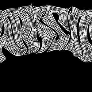 May include: A black background with the word "DARK SIDE" in white, stylized lettering. The letters are composed of small, circular dots, creating a textured effect. The design has a vintage, retro aesthetic.
