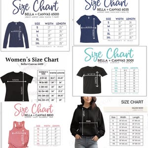 May include: Size charts for various Bella + Canvas and Gildan apparel, including long sleeve tees, V-neck tees, unisex jerseys, racerback tanks, and hoodies. Measurements are in inches, with width and length dimensions provided for each size.