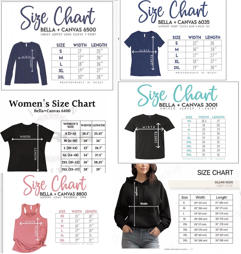 May include: Size charts for various Bella + Canvas and Gildan apparel, including long sleeve tees, V-neck tees, unisex jerseys, racerback tanks, and hoodies. Measurements are in inches, with width and length dimensions provided for each size.