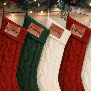 Personalized Knit Christmas Stocking: Faux Leather Name Tag, Holiday Decor