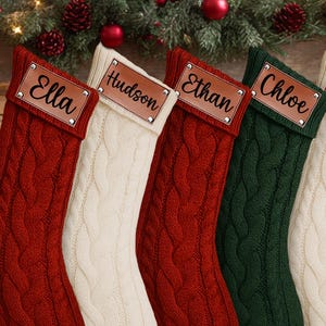 Personalized Knit Christmas Stocking: Faux Leather Name Tag Holiday Decor