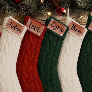 Personalized Knit Christmas Stocking: Faux Leather Name Tag Holiday Decor