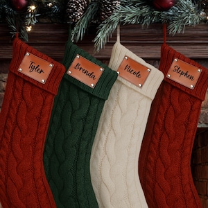Personalized Knit Christmas Stocking: Faux Leather Name Tag Holiday Decor