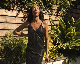 Black Sequin Layered Slip Dress