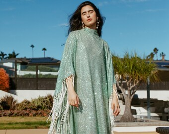 Serenade Sequin Mock Neck Caftan Kaftan Dress with Slip