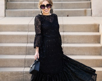 Black Sequin Lace Ruffle Dress