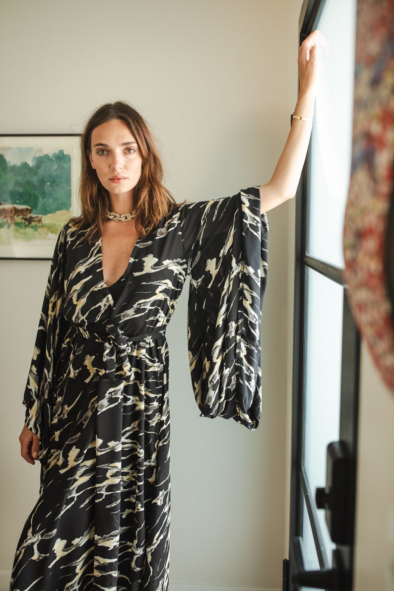 Makrana kimono opaque black white gray yellow abstract marble print cover-up wrap dress with pockets duster jacket robe boho boho bohemian hippie whimsical romantic beach poolside resort cabana lounge wear unisex handmade in USA