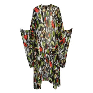 semi-sheer chiffon kimono with red green tulip floral flower print on abstract black and white cover-up wrap dress duster jacket robe boho boho bohemian hippie whimsical romantic beach poolside resort cabana lounge wear unisex handmade