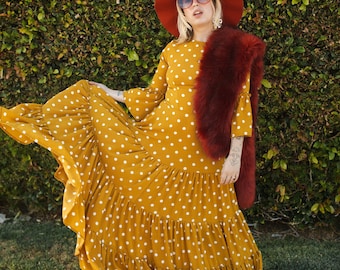 Petite Mustard Polka Dot 3-tier Ruffle Dress