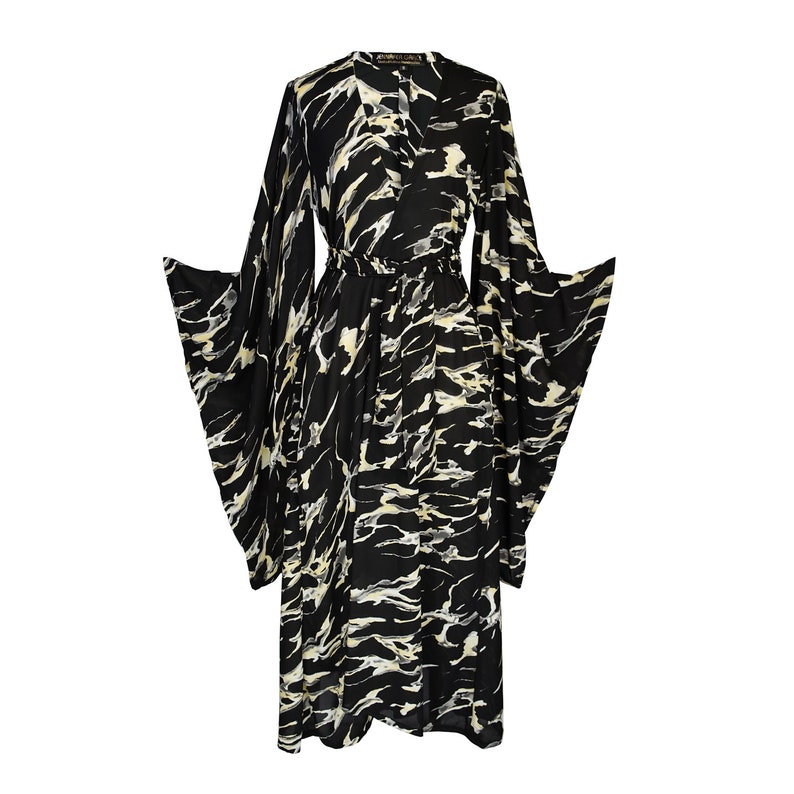 Makrana kimono opaque black white gray yellow abstract marble print cover-up wrap dress with pockets duster jacket robe boho boho bohemian hippie whimsical romantic beach poolside resort cabana lounge wear unisex handmade in USA