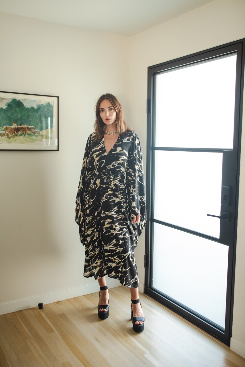 Makrana kimono opaque black white gray yellow abstract marble print cover-up wrap dress with pockets duster jacket robe boho boho bohemian hippie whimsical romantic beach poolside resort cabana lounge wear unisex handmade in USA