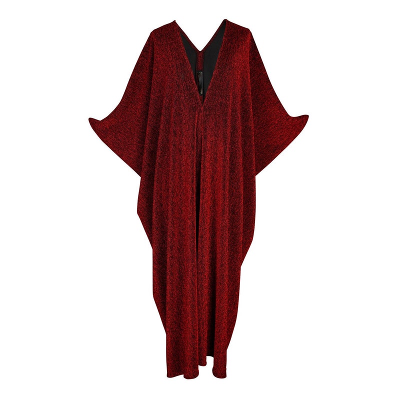 Shimmering, metallic crimson red caftan dress featuring v-neck at front and back.