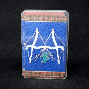 Vintage Scotland Flag with Scottish Thistle Themed Souvenir Deck of Playing Cards in Acrylic Case