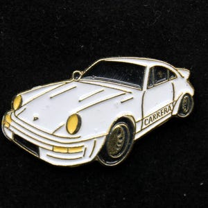 Vintage German White Porsche Carrera Sports Car Collectible Pin in Acrylic Display Case