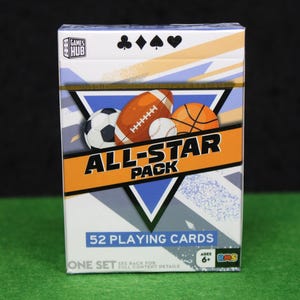 May include: A deck of 52 playing cards in a box with a sports theme. The box features a soccer ball, football, baseball, and basketball. The words "ALL-STAR PACK" are prominently displayed. The box also includes the text "52 PLAYING CARDS" and "AGES 6+".