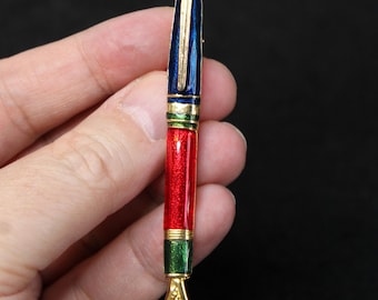 Vintage Jewelry Gold Tone Metal with Enamel Beautiful Fountain Pen Brooch