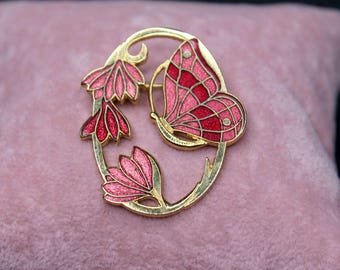 Vintage Fish & Crown Cloisonne Pink Butterfly and Floral Enamel Gold Tone Metal Brooch