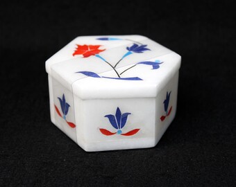 Handmade Hexagonal White Marble with Floral Inlay, Decorative & Functional Lidded Tidbit Box