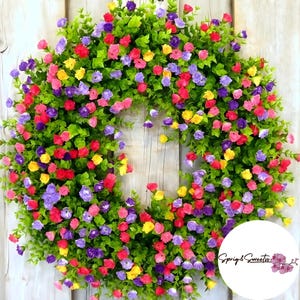 16インチの手作りワイルドフラワーリース | 春と夏にぴったりのカラフルな人工花リース | 玄関ドアの装飾 | 鮮やかな季節のホームアクセント