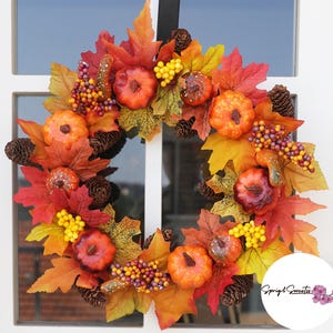 Pumpkin And Berry Fall Wreath | Maple Pinecone Door Decor | Wedding & Everyday Wreath | All-Season Front Door Wreath | Year-Round Gift Idea