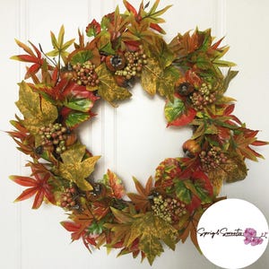 Autumn Maple Leaf Wreath | Eucalyptus, Pumpkin, Berries & Dry Branch Fall Door Decor | 18” Year-Round Wreath | Wedding or Housewarming Gift