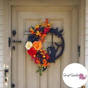 Gothic Witch Cat Halloween Wreath • Moon Silhouette Door Decor with Roses & Autumn Leaves • Spooky Moonlight Wall Decoration