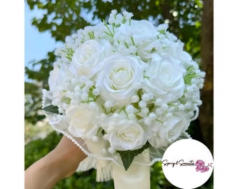 Handmade White Rose Bridal Bouquet: Boho Wedding Decor
