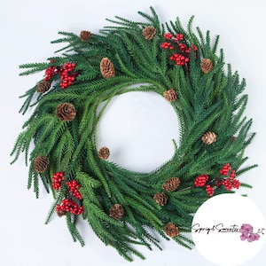 20” Realistic Norfolk Pine Christmas Wreath | Holiday Front Door Winter Decor with Ribbon | Festive Seasonal Wreath for Home & Celebrations