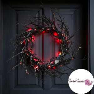 17&quot; Halloween Wreath • Black Branch Wreath with LED Lights • Spooky Artificial Front Door Decoration • Window & Home Decor