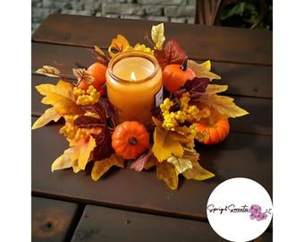 Autumn Berry Harvest Wreath • Maple Pumpkin Candle Wreath Ring • Fall Floral Wreath for Thanksgiving • Rustic Farmhouse Decoration
