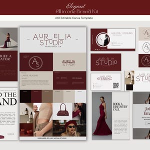 Puede incluir: Un elegante kit de marca en tonos burdeos y beige. Incluye tarjetas de visita, logotipos, plantillas de redes sociales y una guía para informar a un creador de UGC. El texto incluye "Aurelia Studio" y "Elegant All in one Brand Kit".